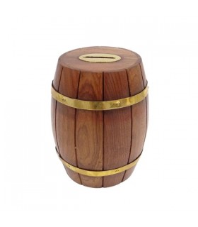 Barrel shaped wooden piggy bank