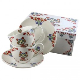 „Retro Etno Cats” porcelán szett – 2 bögre csészealjjal, 280 ml